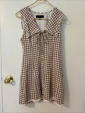 Zara Brown and White Gingham Tie-Collar Mini Dress